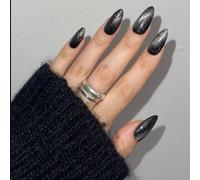 MouyouGlow Short False Nails, Almond Black Monochrome Cat Eye Magnetic Halloween Cat Eyes Press on Nails with Glue, Black Phototherapy Fake Nails