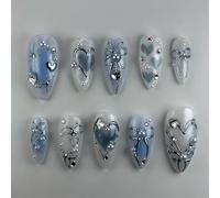 MouyouGlow Short False Nails, Almond Blau Airbrushing 3D Schleife Fliege Bow Tie Herz Sterne Rhinestone Valentine Press on Nails with Nail Glue, Blue Love Sweet Fake Nails