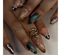 MouyouGlow Short False Nails, Almond Brown French 3D Silver Striped Cross Charms Chrome Heart Gold Beads Press on Nails with Nail Glue, Brown Tip Herbst Winter Acryl Fake Nails