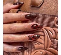 MouyouGlow Short False Nails, Almond Brown Leopard Amber Colour Autumn Press on Nails with Nail Glue, Brown Autumn Winter Acrylic Fake Nails