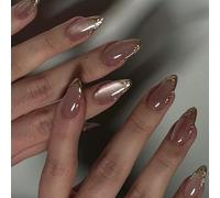 MouyouGlow Short False Nails, Almond Cat Eye Baby Pink Gold Twill French Magnetic Press on Nails with Nail Glue, Purple Tips Silver Twill Phototherapy Fake Nails