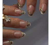 MouyouGlow Short False Nails, Almond Nude 3D Gold Twill Chrome French Press on Nails with Nail Glue, Natural Base Golden Striped Fake Nails