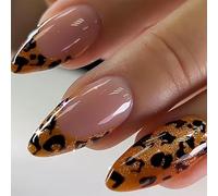 MouyouGlow Short False Nails, Almond Nude Leopard French Glitter Spring Autumn Press on Nails with Nail Glue, Natural Sparkly Winner Autumn Acrylic Fake Nails