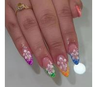 MouyouGlow Short False Nails, Almond Nude Natural Colourful Tips Hibiscus Floral Press on Nails with Nail Glue, Natural Multiple Colour Flowers Summer INS Fake Nails