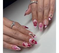 MouyouGlow Short False Nails, Almond Nude Pink Petals French 3D Cherries Flowers Floral Crystal Summer Press on Nails with Nail Glue, Pink Flowers Acrylic Rhinestone Fake Nails