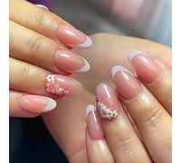MouyouGlow Short False Nails, Almond Nude White Natural French 3D Floral Sweet Fairy Press on Nails with Nail Glue, Summer INS Natural White Tip Acrylic Fake Nails