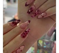 MouyouGlow Short False Nails, Almond Red Burgundy Petals French Floral Autumn Gold Beans Press on Nails with Nail Glue, Wine Red Flowers Acrylic Autumn Fake Nails