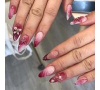 MouyouGlow Short False Nails, Almond Rose French Airbrushing 3D Flowers Floral Water Rib Crystal Pearl Summer Press on Nails with Nail Glue, Pink Flowers Acrylic Rhinestone Fake Nails