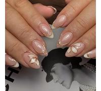 MouyouGlow Short False Nails, Almond Rose White 3D Gold Twill Glitter French Flowers Floral Press on Nails with Nail Glue, Pink Base Flowers Golden Striped Bling Summer INS Fake Nails