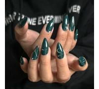 MouyouGlow Short False Nails, Almond Solid Dark Green Wavy Cat Eye Magnetic Cat Eye Press on Nails with Glue, Dark Green Striped Phototherapy Fake Nails