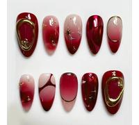 MouyouGlow Short False Nails, Dark Red Almond Burgundy French 3D Gold Aura Stars Glossy Press on Nails with Nail Glue, Dark Wine Red Striped Fake Nails