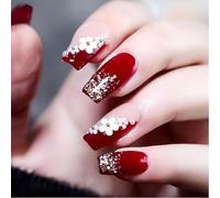 MouyouGlow Short False Nails, Nude Red Glitter Tips Floral Pearl Press on Nails with Nail Glue, Red Base Flowers Shimmer Summer Fake Nails