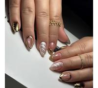 MouyouGlow Short False Nails, Round Nude 3D Gold Twill French Aura Glitter Press on Nails with Nail Glue, Natural Base Golden Striped Shimmer Fake Nails