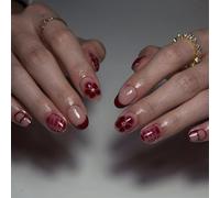 MouyouGlow Short False Nails, Round Nude Red Burgundy French 3D Flowers Floral Petals Press on Nails with Nail Glue, Wine Red Tips Flowers Summer INS Fake Nails