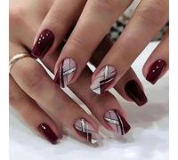 MouyouGlow Short False Nails, Square Dark Red Burgundy Glossy Glitter Striped Press on Nails with Nail Glue, Dark Wine Red Shimmer Twill Fake Nails
