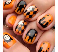 MouyouGlow Short False Nails, Square Halloween Ghost Soul Ghost Noface Checkered Creepy Horror Cute Cartoon Press on Nails with Nail Glue, Black Orange Fake Nails