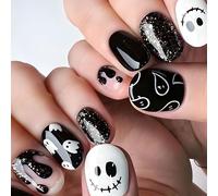 MouyouGlow Short False Nails, Square Halloween Ghost Soul Ghostface Glitter Creepy Horror Cute Cartoon Press on Nails with Nail Glue, Black White Base Holiday Fake Nails