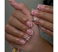 MouyouGlow Short False Nails, Square Nude Pink Leopard French 3D Diamond Cherry Press on Nails with Nail Glue, Pink Natural Leoparden Tips Rhinestone Cherries Fake Nails