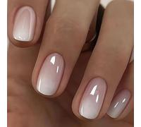 MouyouGlow Short False Nails, Square Pink Gradient White Chrome Glazed Donut Hailey Bieber Press on Nails with Glue, Natural Pink Ombre White Solid Fake Nails