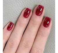 MouyouGlow Short False Nails, Square Plain Cat Eye Red Bordeaux Dark Magnetic Christmas Cat Eyes Press on Nails with Glue, Eckig Dark Wine Red Phototherapy Christmas Fake Nails