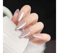 MouyouGlow Short False Nails, White Almond White Cat Eye Magnetic Cat Eye Press on Nails with Glue, White Phototherapy Fake Nails