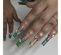 MouyouGlow Super Long False Nails, Square Nude Turquoise Airbrushing French 3D Gold Butterfly Diamond Fairy Press on Nails with Nail Glue, Green Tips Butterfly Y2K INS Fake Nails