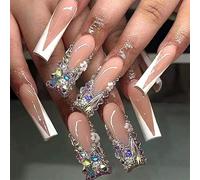 MouyouGlow Ultra Long Square White 3D Extravagant Luxury Diamond Floral Flowers Press on Nails with Nail Glue, Shimmer Tips Flowers Y2K Coquette Fake Nails