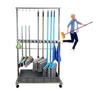 Movable Broom Mop Holder,Utility Floor Standing Cleaning Tool Cart,Movable Commercial Mop Rack,Cleaning Supplies Organizer,Garden Tool Storage,for Home,Hotels,F