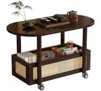 Movable Coffee Table, 2-Tier End Table with Spacious Desktop and Bamboo Rattan Shelf for Living Room, Bedroom, Office, Cafe