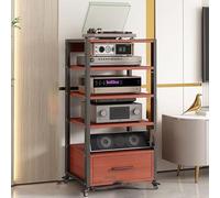 Movable Corner Audio Rack with Drawer 3 4 5 Tier Floor Standing Media Stand on Universal Wheels for Living Room Meeting Recording Walnut Finish 50.1x40x1