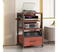 Movable Corner Audio Rack with Universal Wheels 3/4/5 Tier Media Stand & Drawer Walnut Finish Floor-Standing AV Shelf for Living Room Meeting & Recording Studio.
