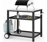 Movable Food Prep and Work Table Stainless Steel Grill Cart Modular Table with Wheels and Handle Double-Shelf Commercial Kitchen Tables Heavy Duty Pizza Oven Stand Outdoor