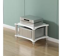 Movable HiFi Audio RackWhite 2Layer Open Wooden Media Stand Floor Freestanding Storage Cabinet for WiFi Router CD/DVD Player and AudioVisual Shelving.