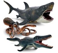Movable Jaw Ocean Animal Set - 13" Mosasaurus, 10.6" Megalodon Shark & 7.8" Octopus Realistic Action Figure Toys for Kids & Collectors (3pc)