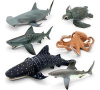 Movable Jaw Ocean Animal Set - 13" Mosasaurus, 10.6" Megalodon Shark & 7.8" Octopus Realistic Action Figure Toys for Kids & Collectors (6 Pcs Shark)