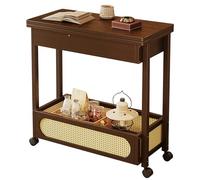 Movable Small Tea Table for Living Room & OfficeFoldable Top Lockable Wheels Storage Coffee TableRolling Bedside Table (Brown)