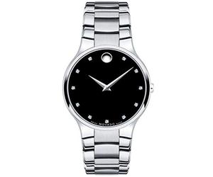 Movado Men's Serio Stainless Steel Black Dial Diamonds Marker Museum Dial Slim Watch
