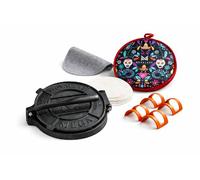 Movaluxe® Tortilla Press 12 Inch Cast Iron MEGA - Corn & Flour Roti Maker Machine Heavy Duty Tortillera Presser. With Parchment Paper, Warmer Pouch, Taco Holders, Rubber Mat & Digital Culinary Guide