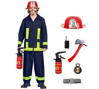 MOVAWAKY Fireman Costume For Kids Firefighter Age 3 Outfit 5-6 Dress Up 2-3 Years Fancy 7-8 Includes Top Pants Hat And Accessories Birthday Halloween Carnaval Cosplay Party