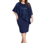 MOVAWAKY Women's Plus Size Cape Dress with Chiffon Overlay Cocktail Party Wedding Midi Dress Plus Size Dresses Wedding Guest - Mother of The Bride Semi Formal Cocktail Lace Cape Dresses A-Navy