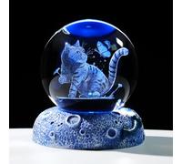 Movdyka Crystal 3D Cat and Butterfly Ball Figurine Gifts for Women, 6cm/2.36in. Sphere Decorative Ornaments for Room with LED Lights Base Keepsakes for Cat Lover Home Decor