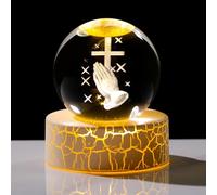 Movdyka Crystal 3D Cross in Praying Hands 2.36in Ball Statue Christian Gifts for Women Men, Glass Religious Gift Sphere for Room with Warm Light Crucifix Catholic Presents for Home Ornaments