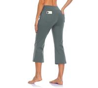 MOVE BEYOND Buttery Soft Women's Bootcut Yoga Pants and 3/4 Trousers with 4 Pockets Tummy Control Workout Bootleg Work Trousers, 3/4 Light Grey, S