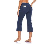 MOVE BEYOND Women's Bootcut Yoga Capris with 4 Pockets Buttery Soft Workout Bootleg Pants Tummy Control Work Pants, Blue, L