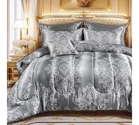 MOVE OVER 8 Pieces Gray Satin Comforter Set King Size Silk Like Satin Bed in a Bag Soft and Elegant Euro Floral Comforter Set with Sheet Set Boho Chic Flower Pattern Luxury Bedding Set