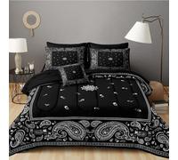 MOVE OVER Black Comforter Set Queen Size 8 Pcs Boho Paisley Comforter Bed in A Bag Black Flower Square Pattern Bedding Set Modern Classic Design Down Alternative Comforter Set