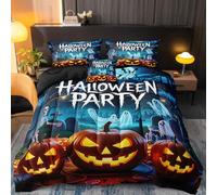 MOVE OVER Halloween Comforter Set 4 Pieces Queen Size Orange Pumpkin Lantern and White Ghost Pattern Halloween Bedding Set Skeleton and Bats Design Blue Night Comforter Set for Bedroom Decor