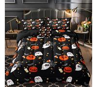 MOVE OVER Halloween Comforter Set Queen Size 4 Pieces Cute Orange Pumpkin Bedding Set Soft Microfiber White Ghost and Bats Pattern Halloween Bedding Set for Bedroom Decor