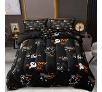 MOVE OVER Halloween Comforter Set Queen Size 4 Pieces Soft Microfiber Cute Ghost and Orange Pumpkin Comforter Set Bats and Spider Web Pattern Halloween Theme Bedding Set for Bedroom Decor