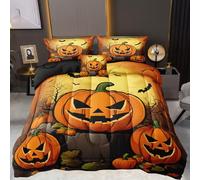 MOVE OVER Halloween Comforter Set Queen Size Cute Orange Pumpkin Bedding Set 4 Pieces Soft Microfiber Pumpkin Lantern and Bats Pattern Halloween Bedding Set with 1 Cushion Cover